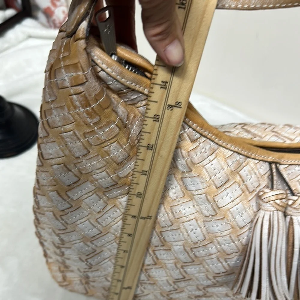 PATRICIA NASH White & Brown BRAIDED STITCH Leather MARCELLINA Hobo Bag